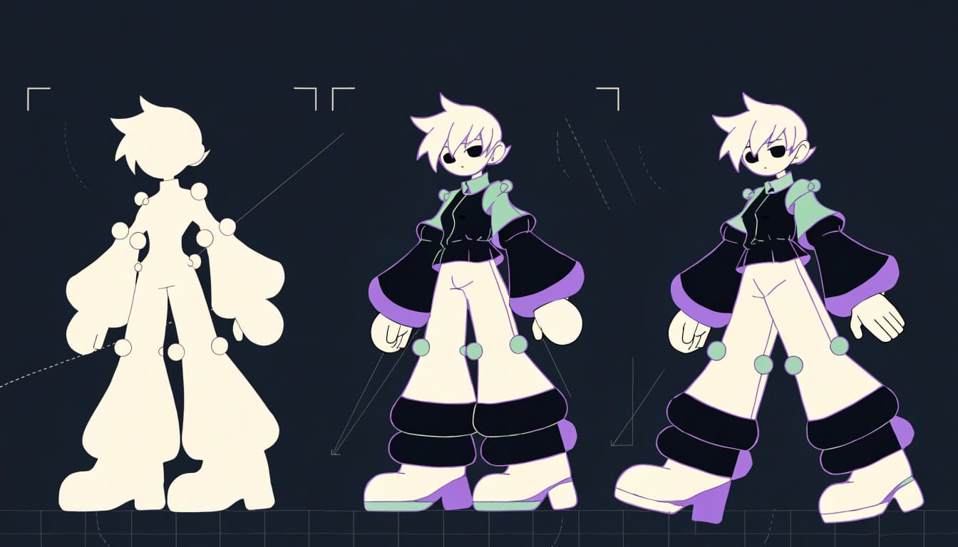 Three versions of one anime character show a silhouette, fitted outfit, and pose test.
