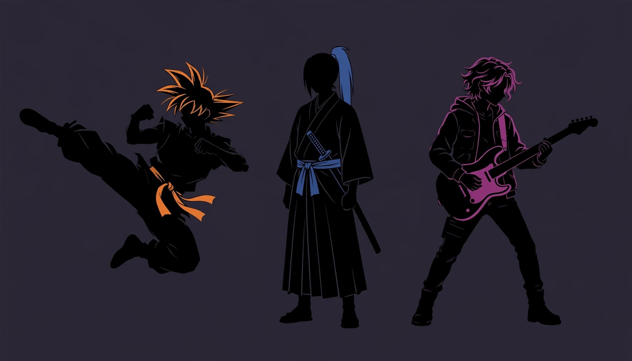 Three distinct anime-inspired character silhouettes appear against a charcoal background.