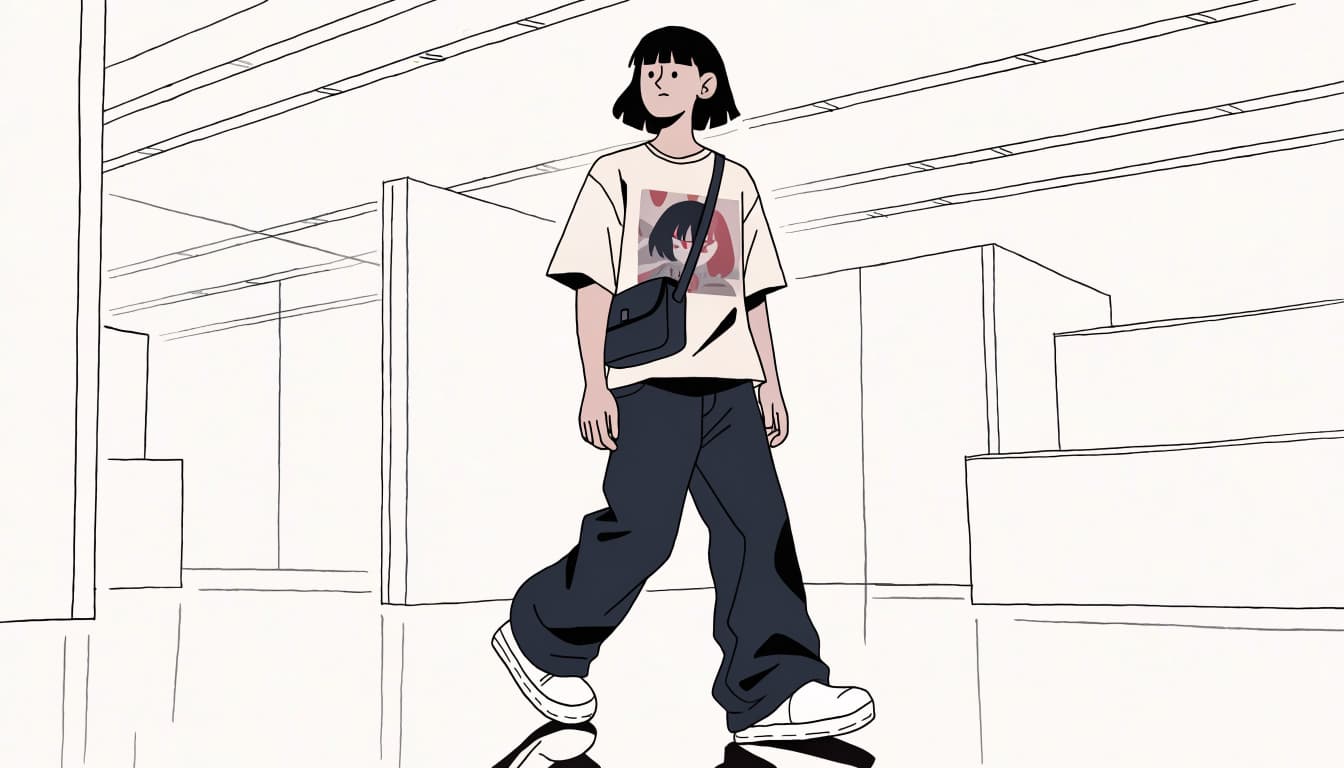 A young adult walks alone in a graphic tee, jeans, sneakers, and a crossbody bag.