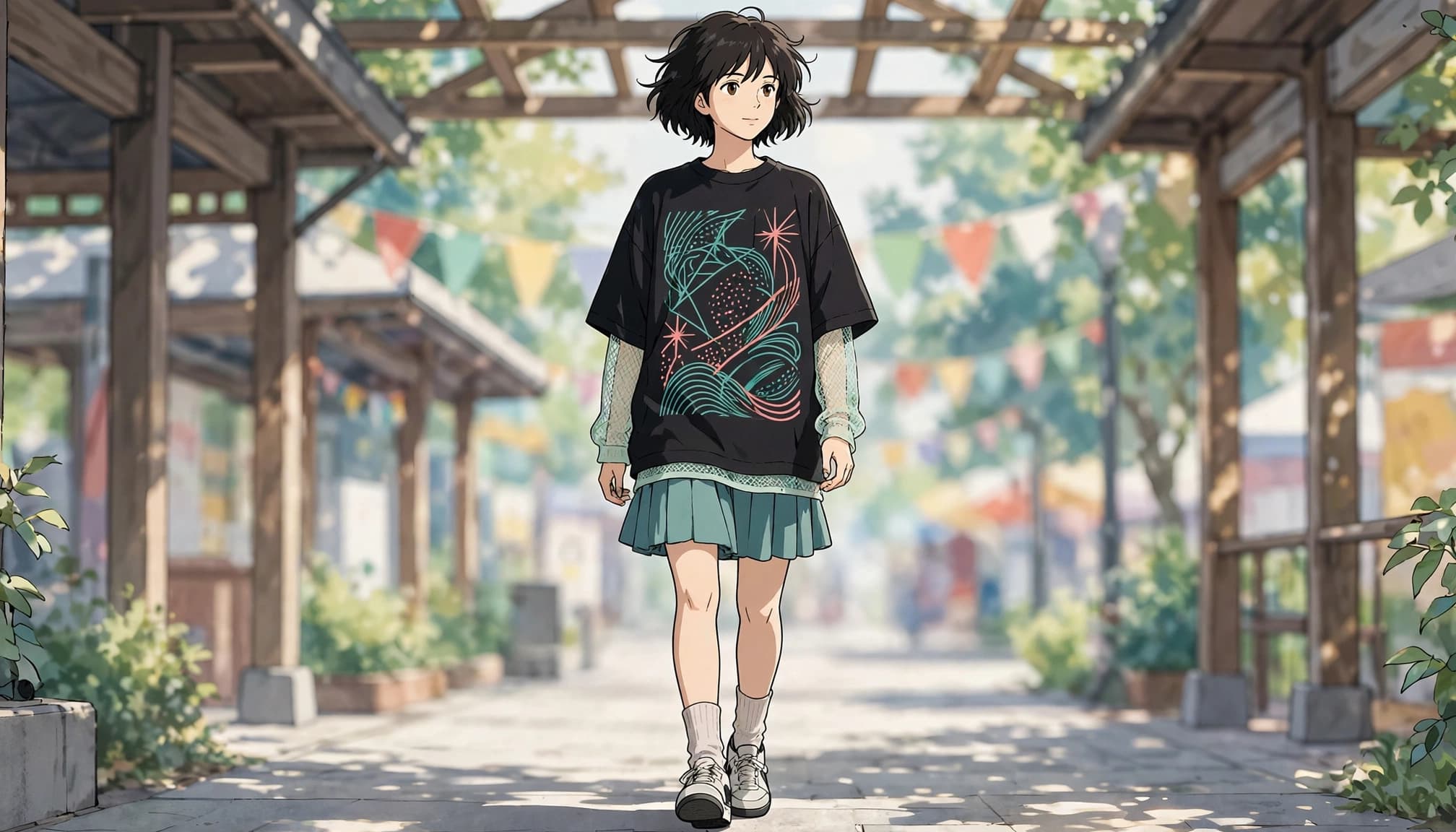 A person in a graphic tee, pleated skirt, socks, and sneakers walks beneath colorful bunting.