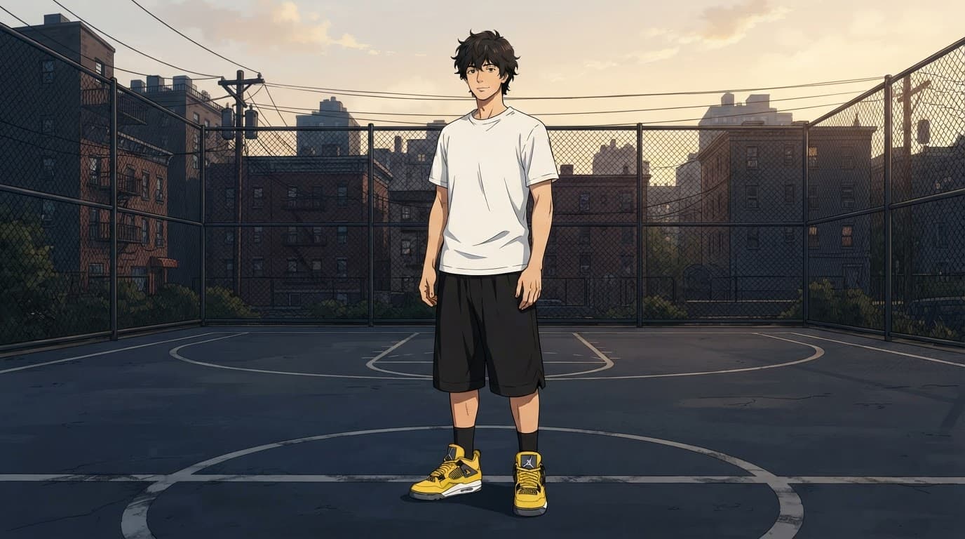 A person in a white tee and black shorts wears yellow high-top sneakers on a sunny court.