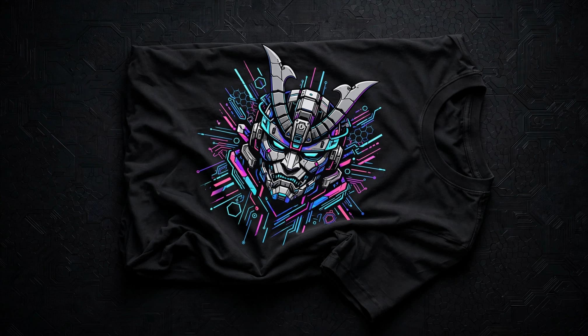A folded men's T-shirt with bold anime-inspired artwork on a dark studio surface.