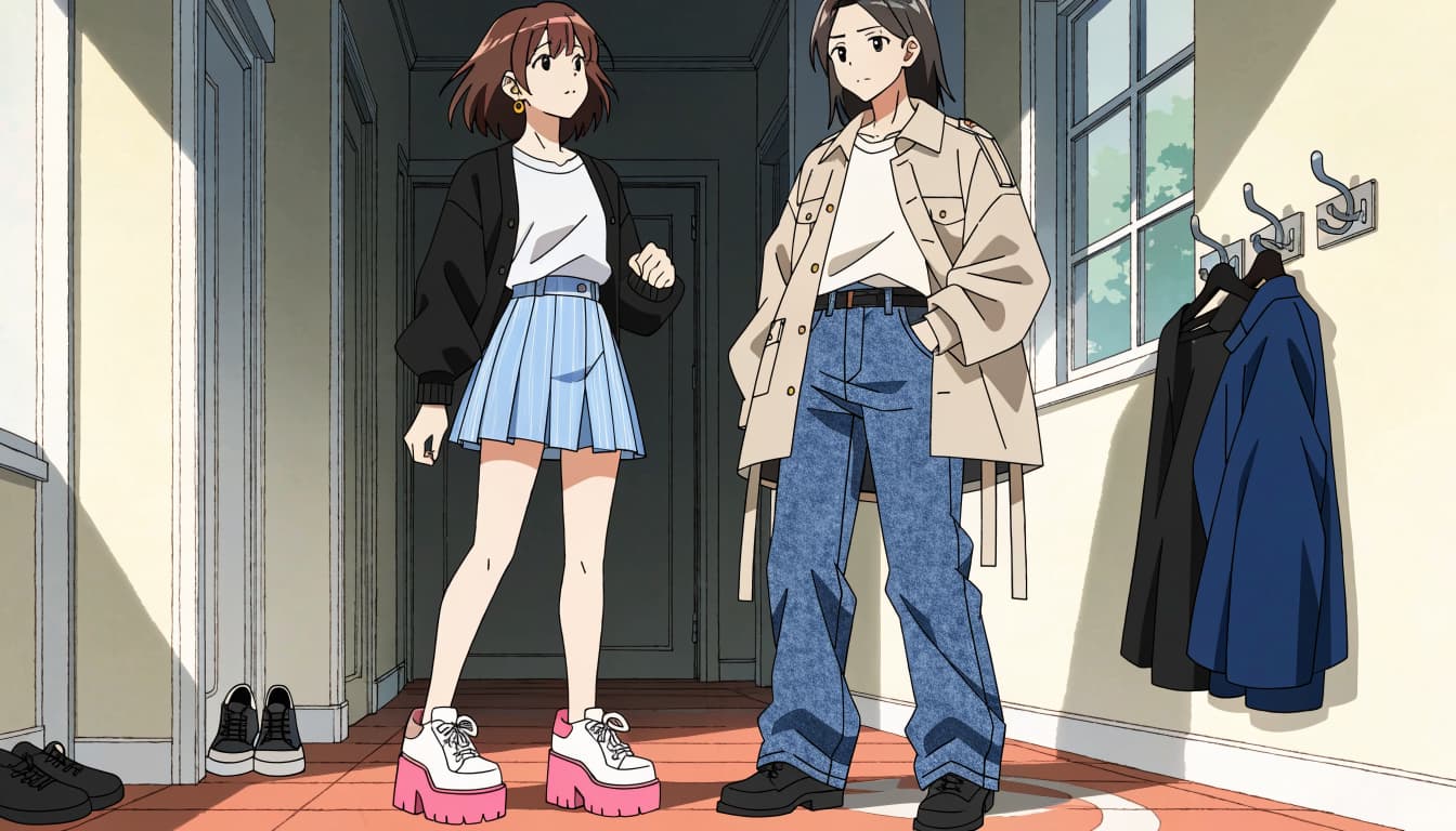 Two adults in different casual outfits stand in a bright entryway.