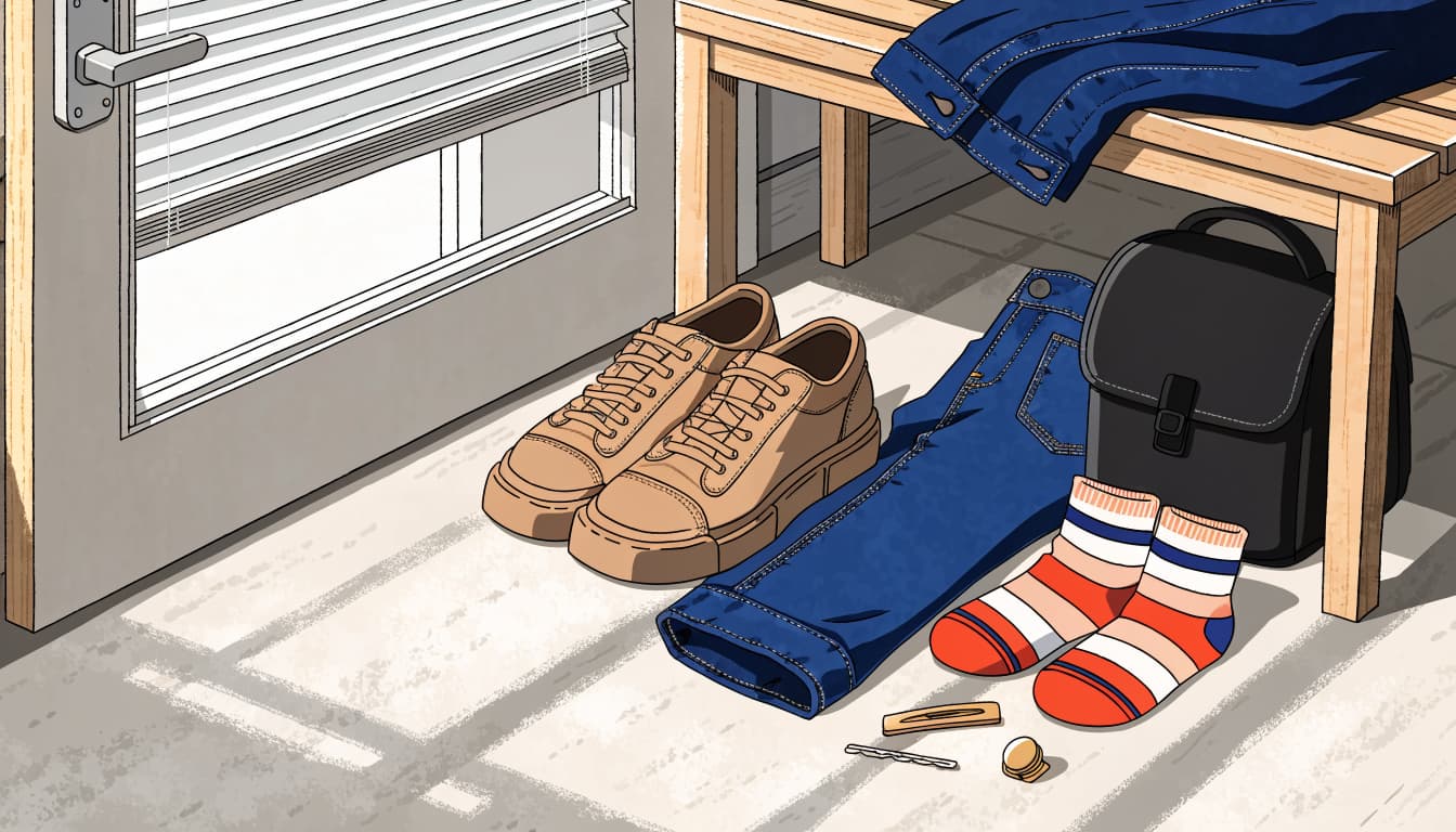 Canvas sneakers, dark denim, colorful socks, hair clips, and a backpack rest on an entryway bench.
