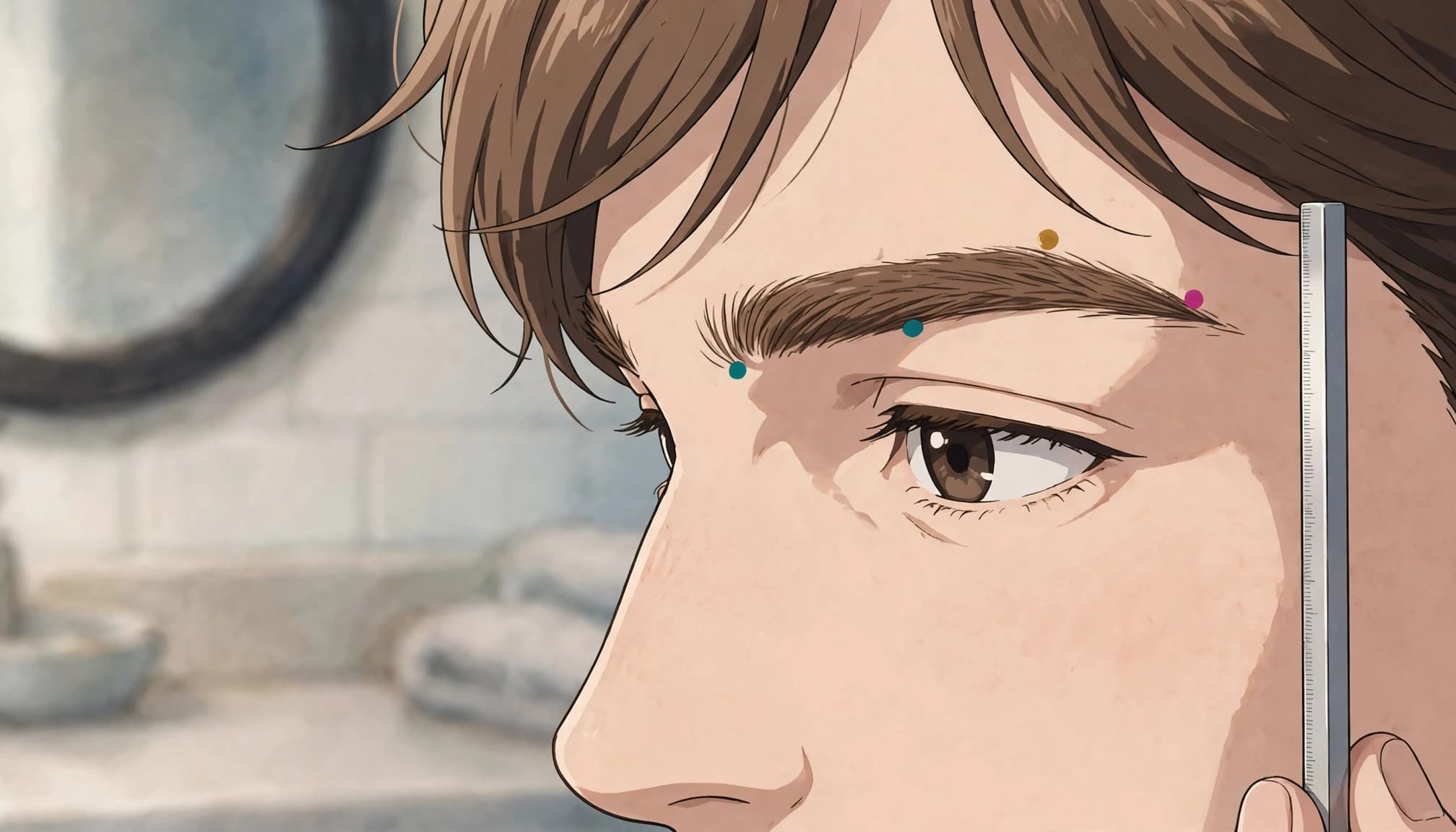 An anime portrait shows eyebrow mapping marks beside a straight edge.