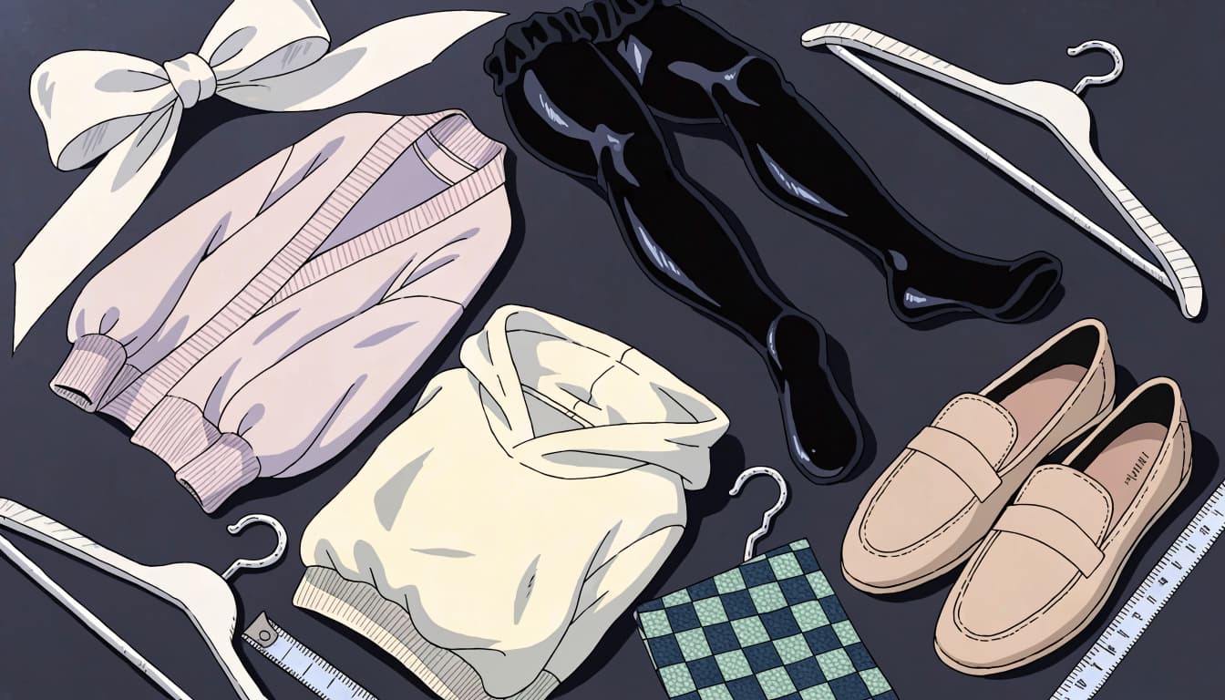 A bow, cardigan, tights, shoes, hoodie, and fabric swatch arranged with a measuring tape.