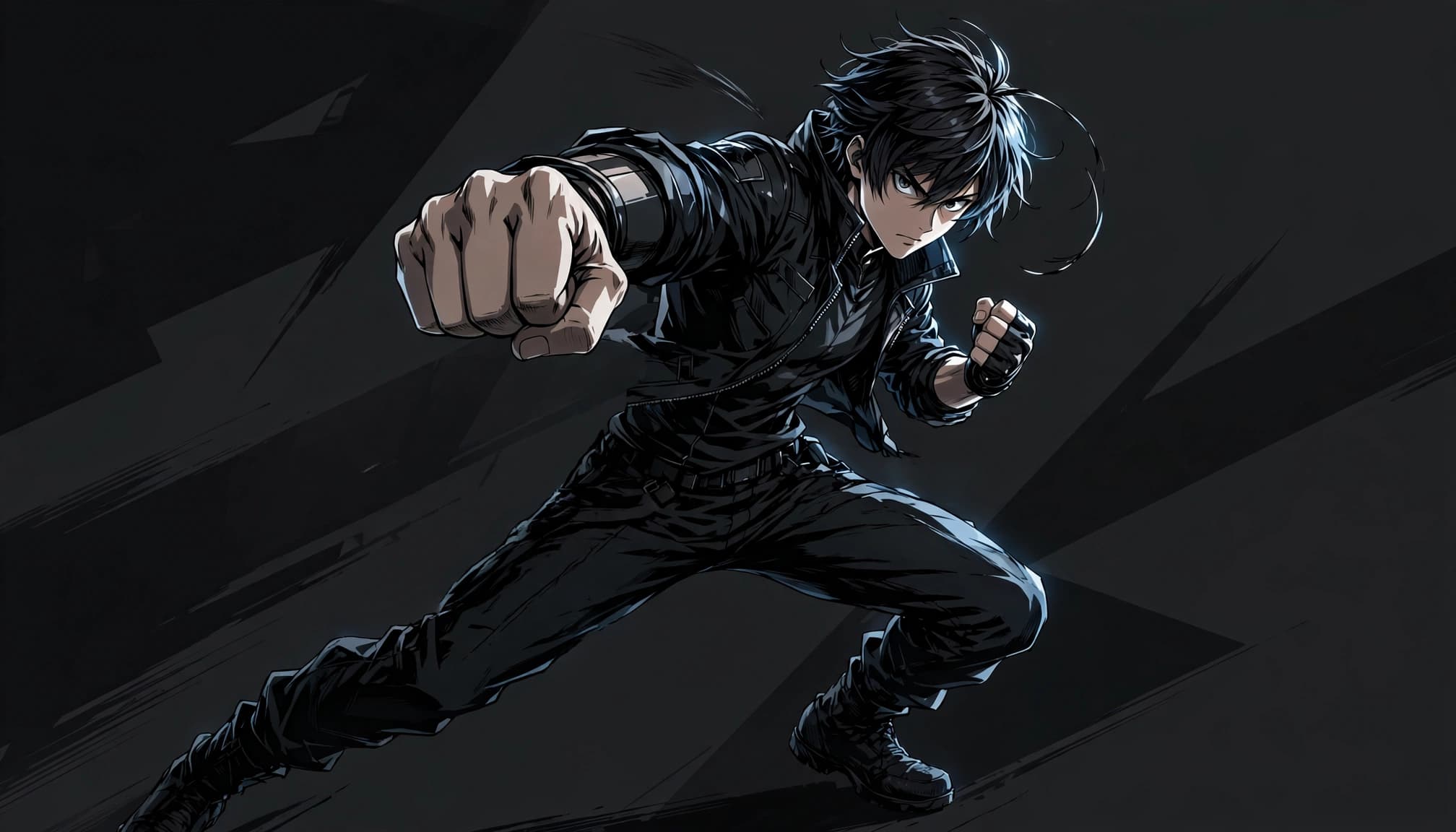 Anime male fighter twisting forward with one fist extended.