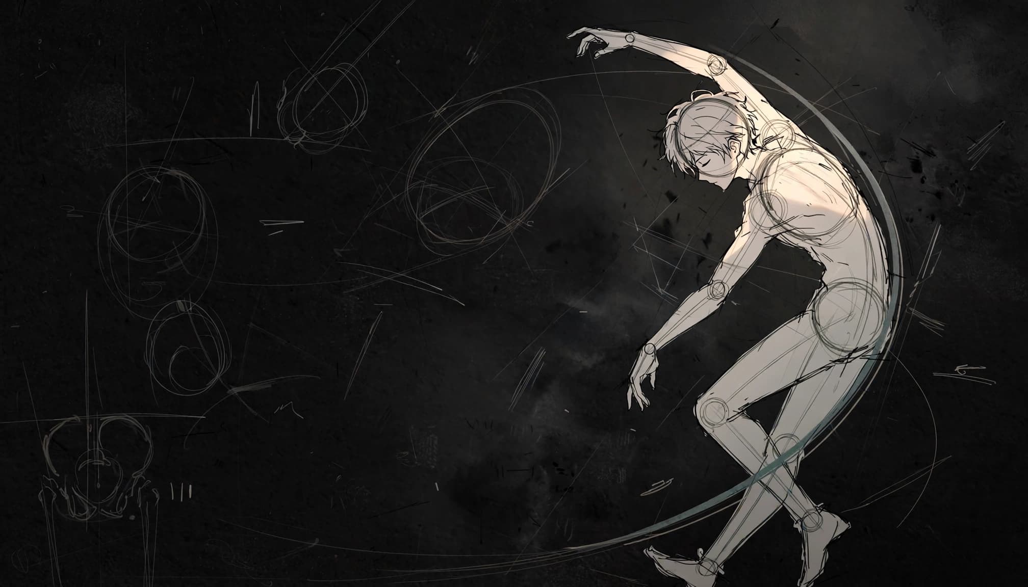 Anime figure shown in a sweeping pose with faint skeleton construction lines.
