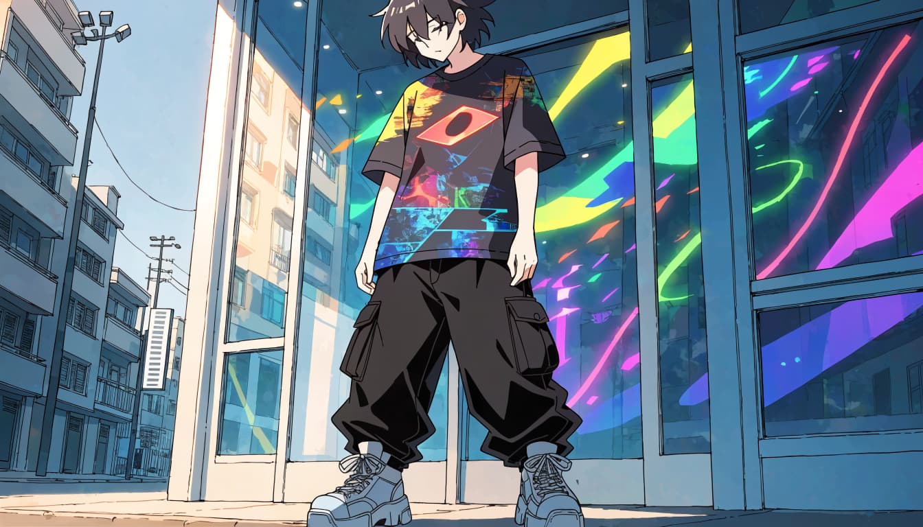 A young adult in a colorful graphic tee stands outside a bright arcade.