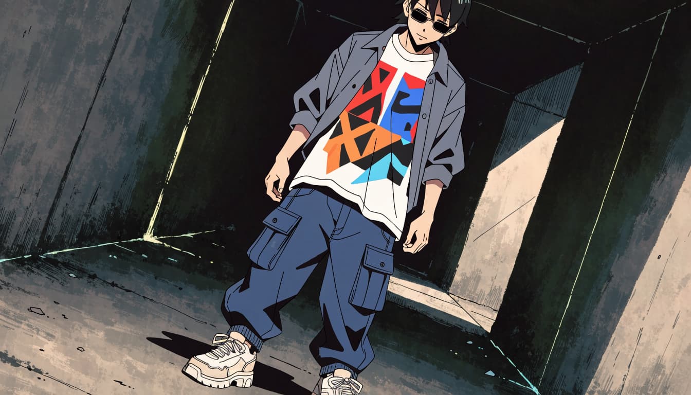 A person models an abstract graphic tee and cargo pants in a concrete passage.