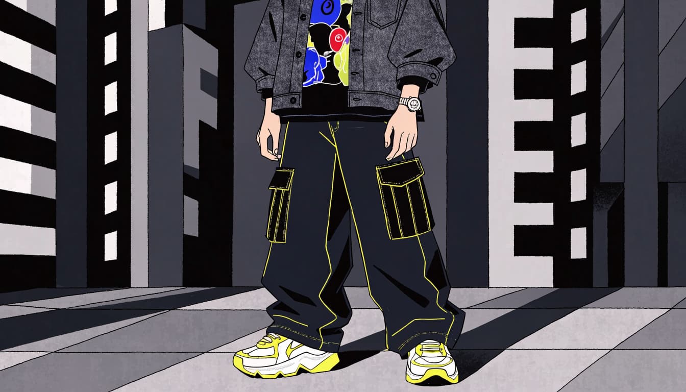 A young adult in a graphic tee, denim jacket, cargo pants, and sneakers on a city sidewalk.