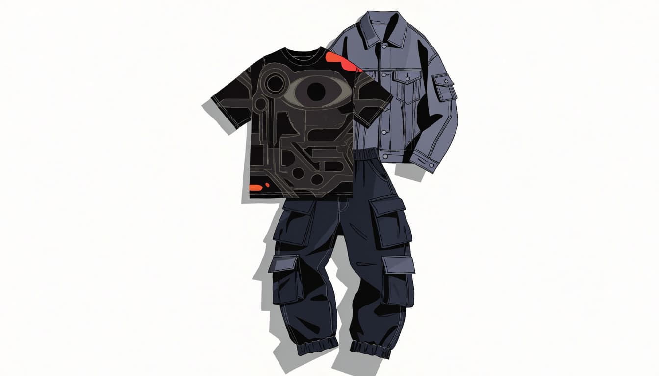An illustrated graphic T-shirt paired with cargo pants and a dark denim jacket.