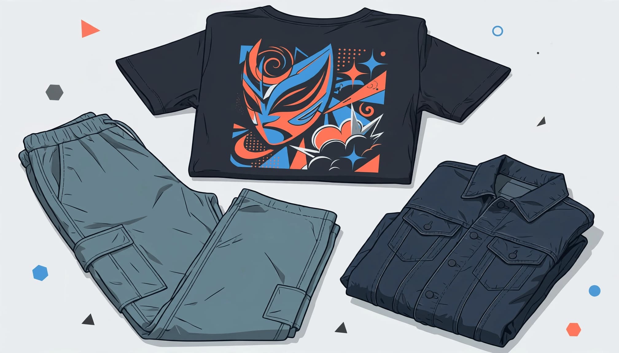 A graphic tee, cargo pants, and dark denim layer arranged on a studio floor.