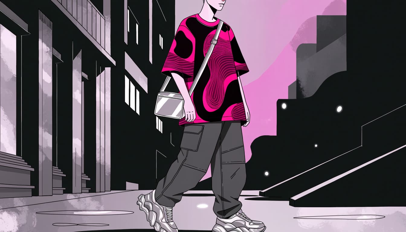 A figure in a graphic tee and dark cargo pants carries a reflective crossbody bag.