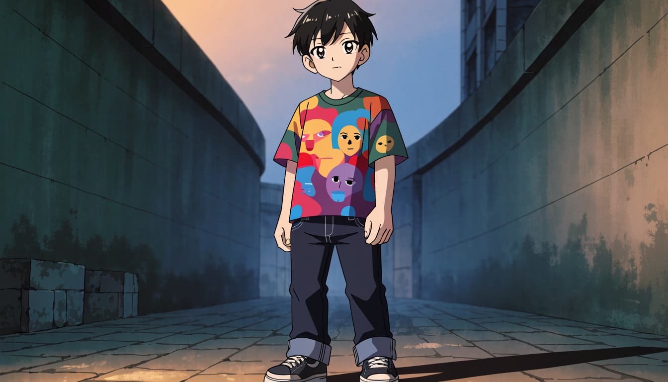 A young man in a graphic T-shirt and dark jeans stands in a softly lit alley.