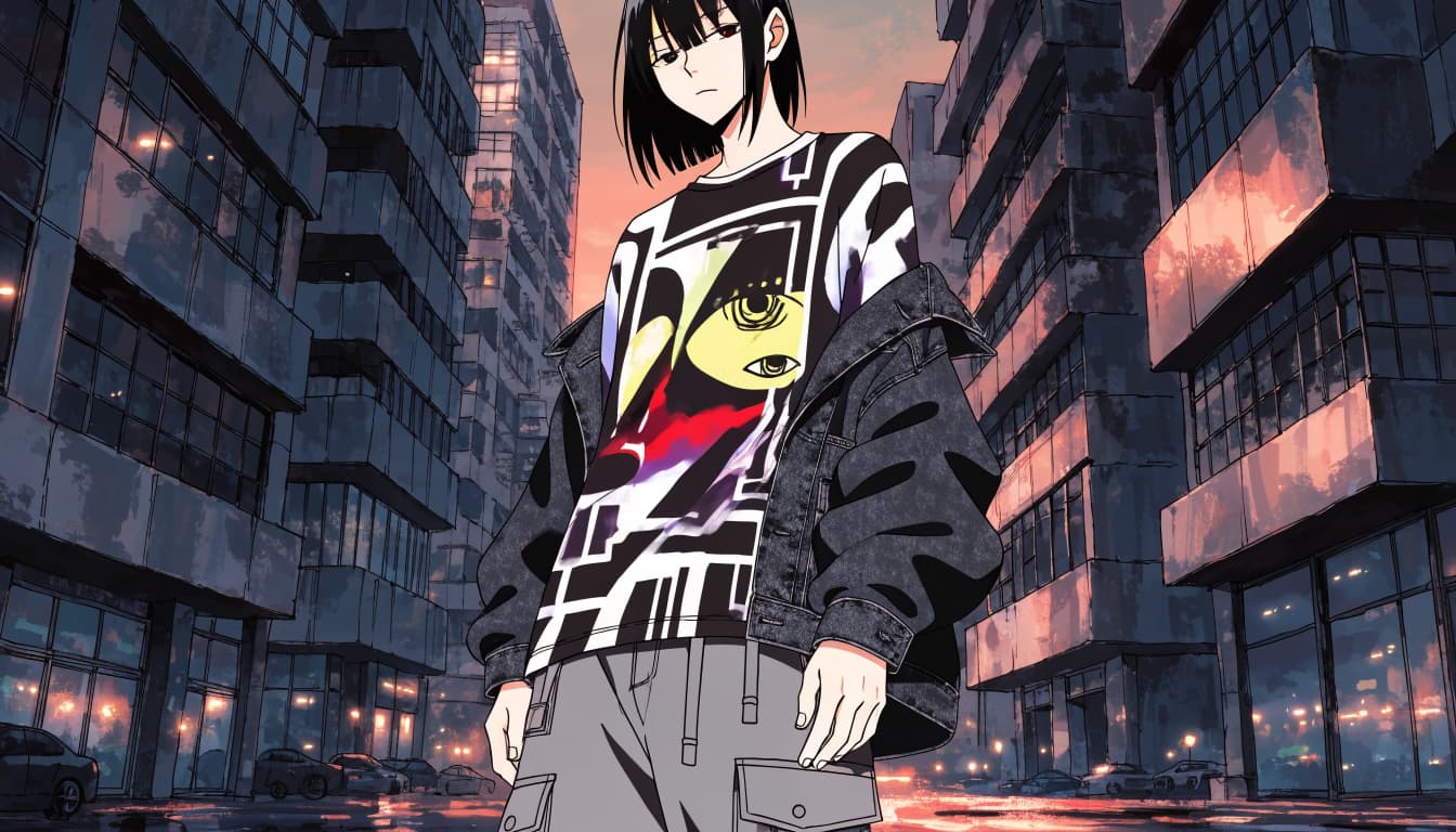 A young adult in a graphic tee and layered streetwear stands in a neon-lit arcade district.