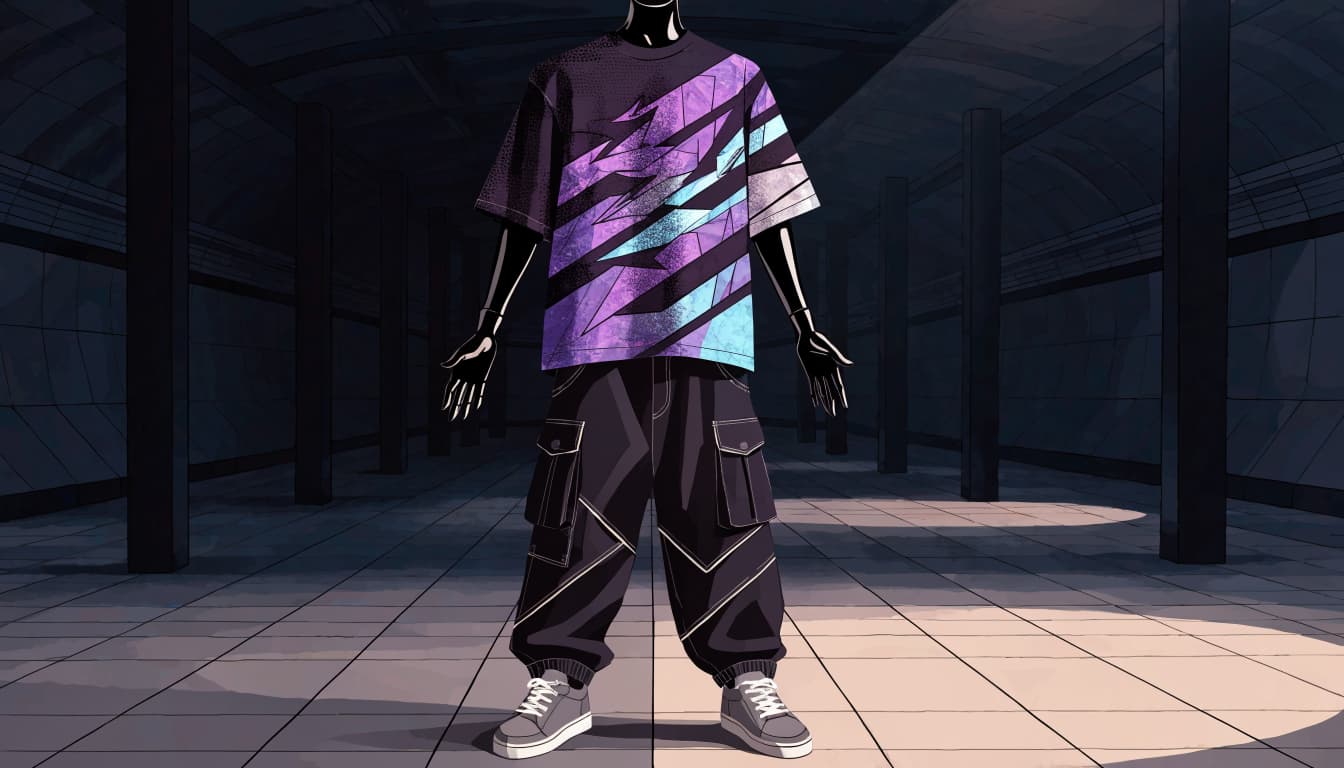 A mannequin in a dark graphic tee, cargo pants, and sneakers.