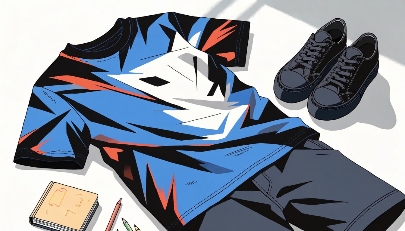 An anime-style graphic tee paired with simple shorts and sneakers beside a sketchbook.
