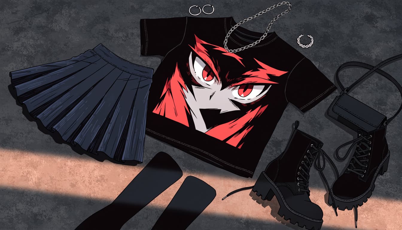 A graphic tee, pleated skirt, tights, boots, and silver accessories arranged on dark concrete.