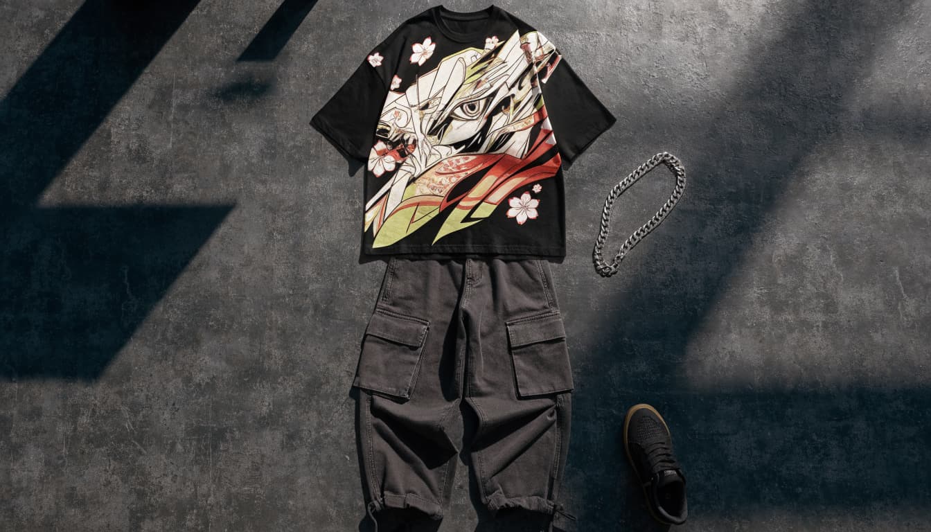 A black graphic tee, charcoal cargo pants, silver chain, and sneakers arranged on concrete.