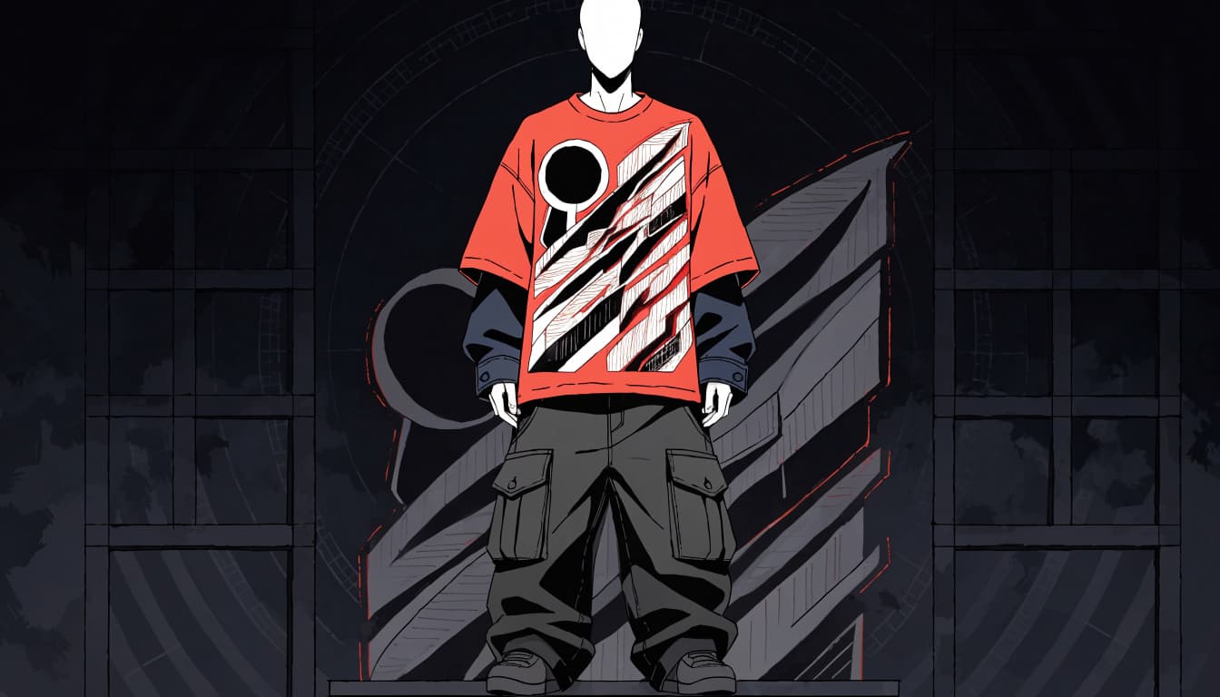 A mannequin in a graphic tee, denim jacket, cargo pants, and sneakers against a geometric studio wall.