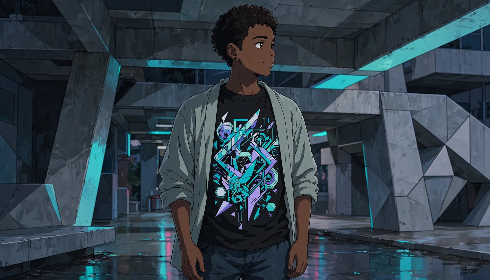 A teen wears a bold graphic tee and open overshirt on a concrete walkway.