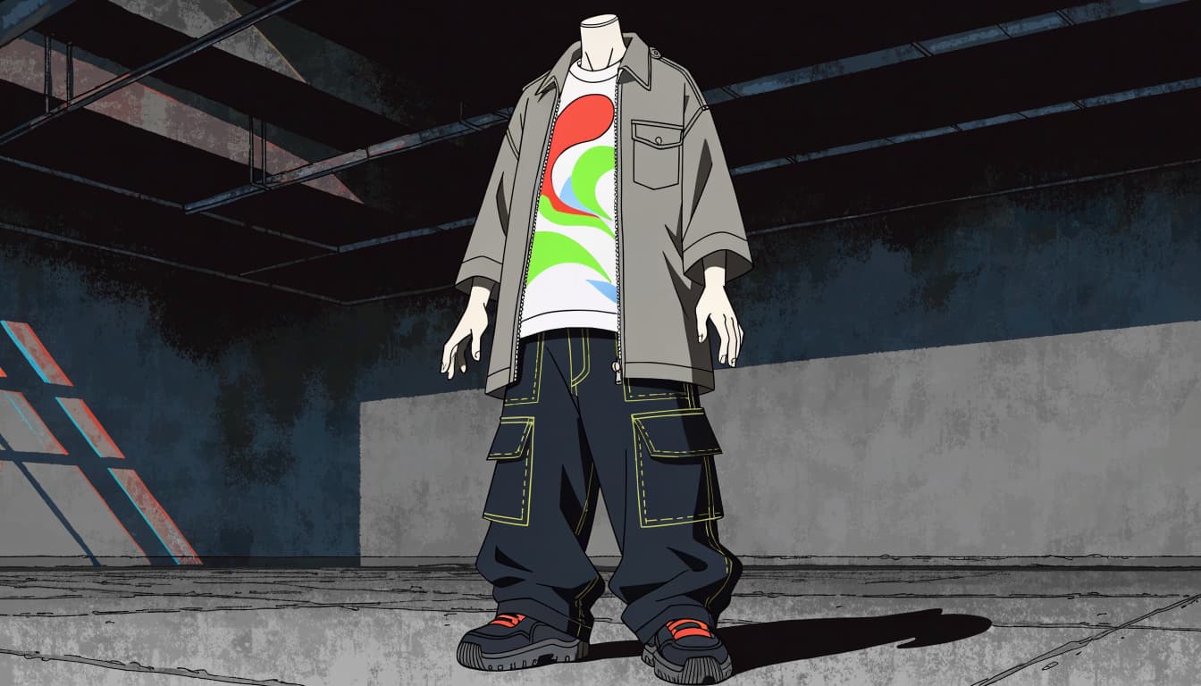A mannequin wears an anime graphic tee, overshirt, and relaxed cargo pants in a concrete studio.