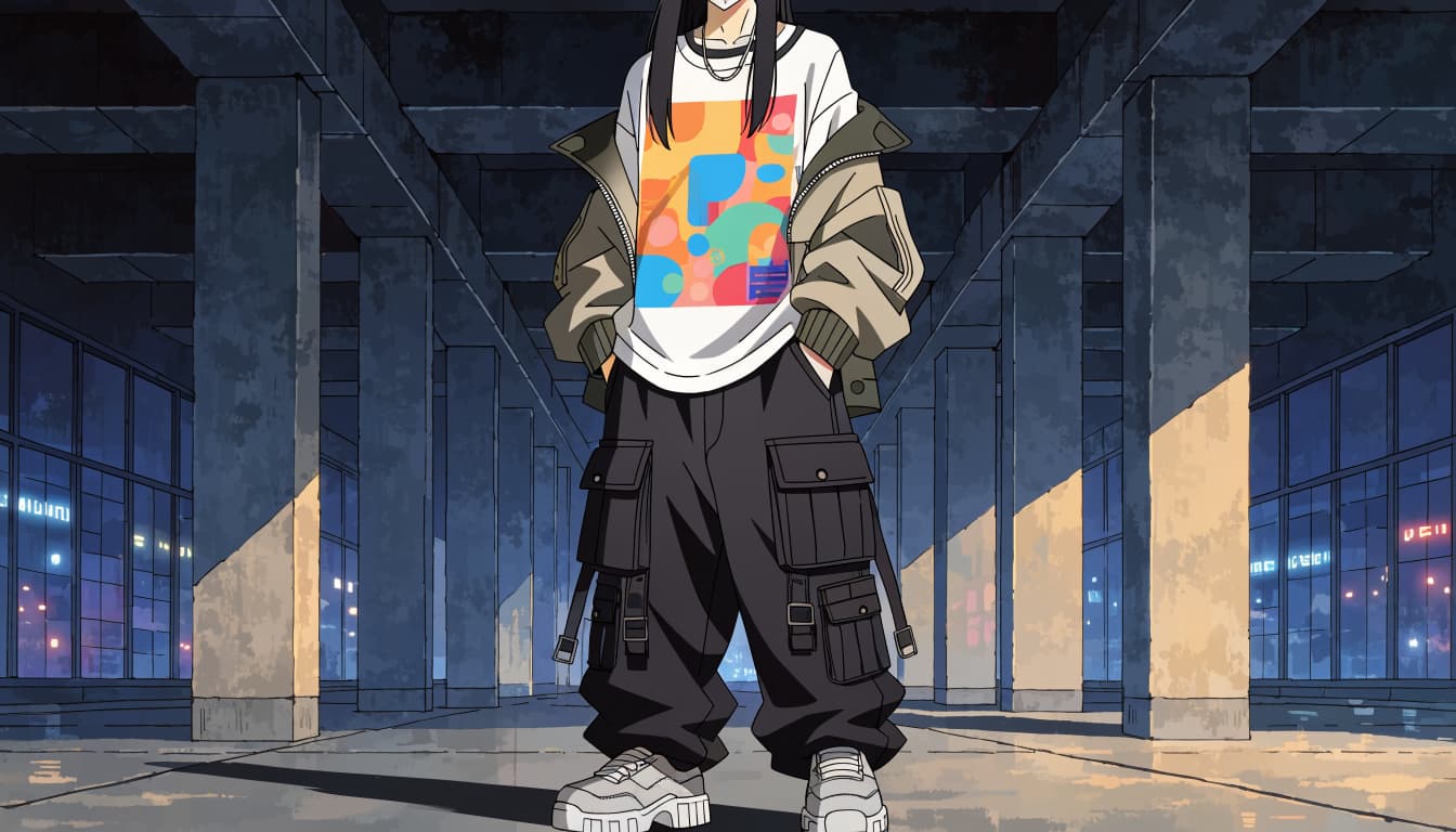 An anime-styled adult in a graphic tee and cargo pants stands on a city walkway.