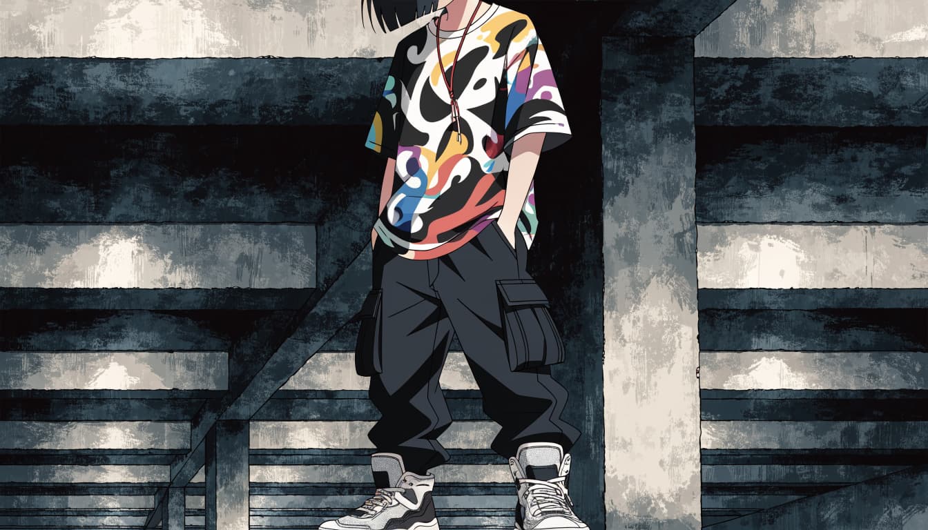 A person in a graphic tee, dark cargos, and high-top sneakers stands in a concrete underpass.