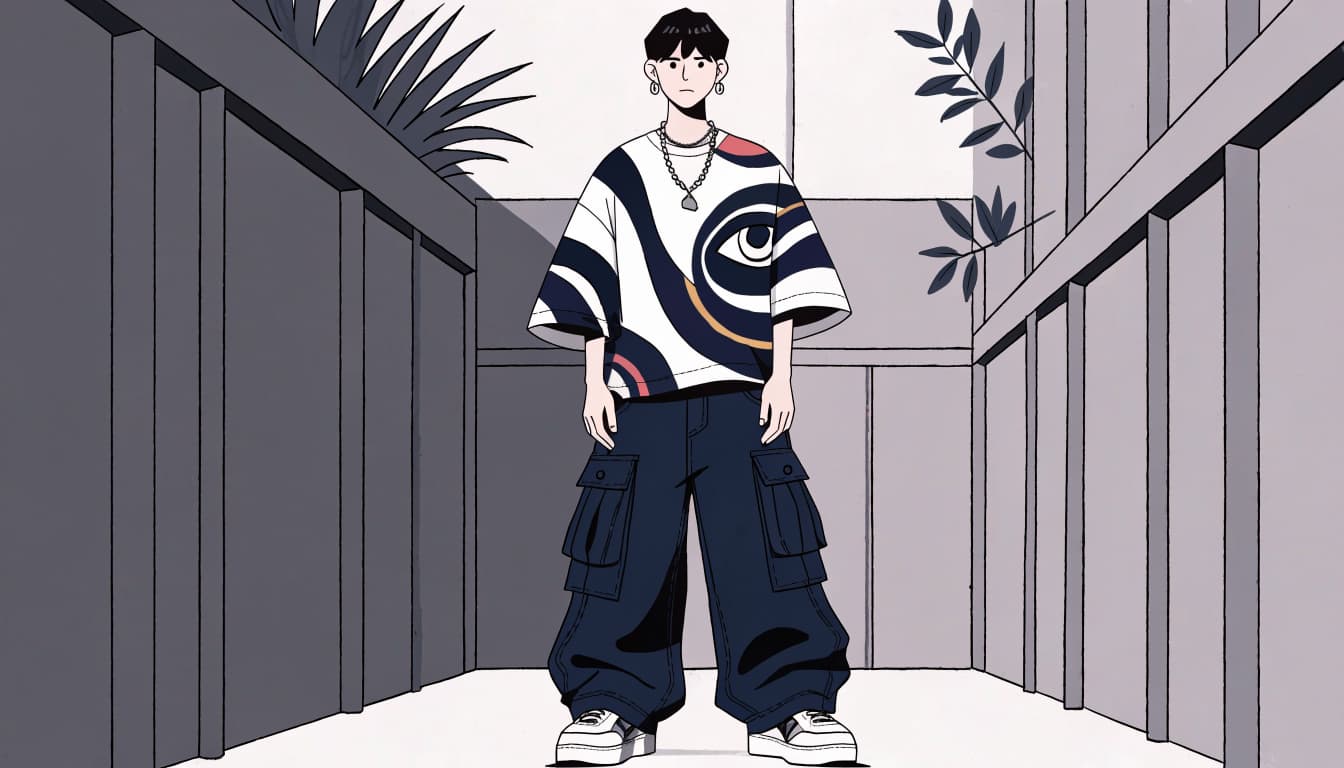 A young adult in a graphic tee and cargo pants stands between concrete walls and plants.