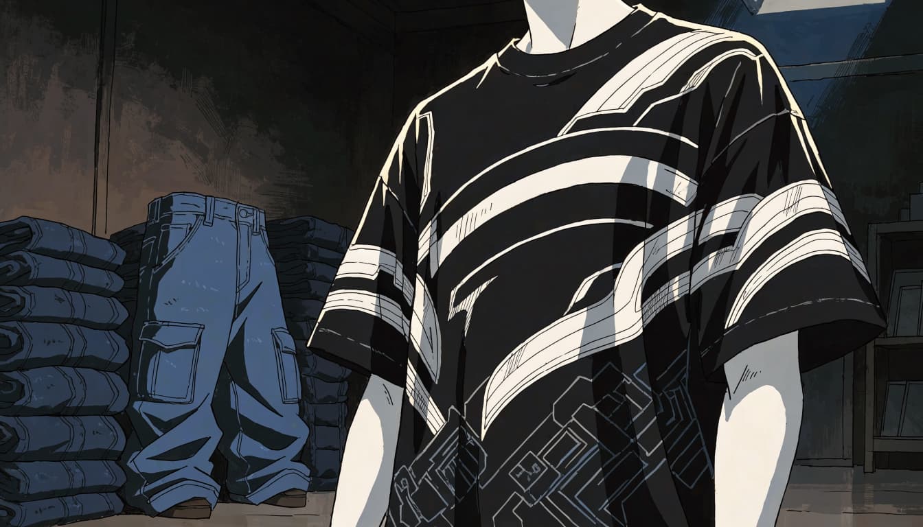 A black graphic tee on a mannequin with folded denim and cargo pants nearby.