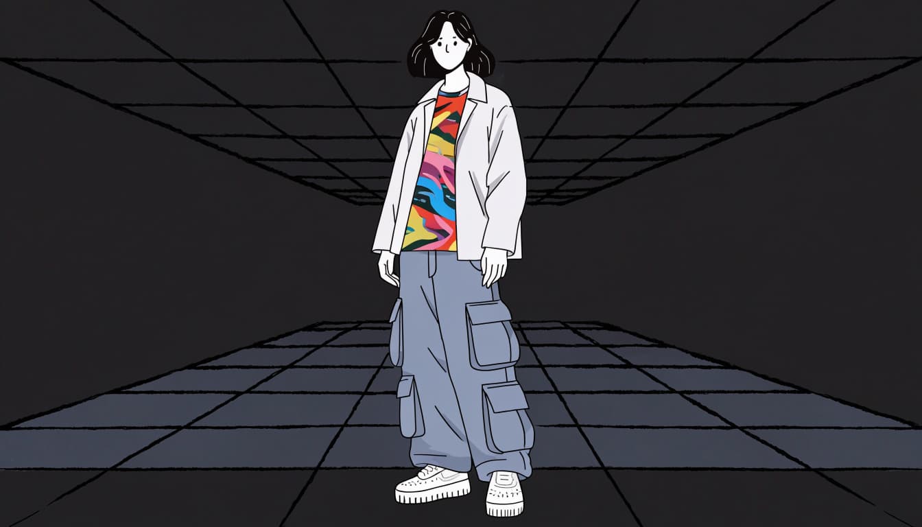 A young adult in a graphic tee, open overshirt, cargo pants, and sneakers stands in an underpass.