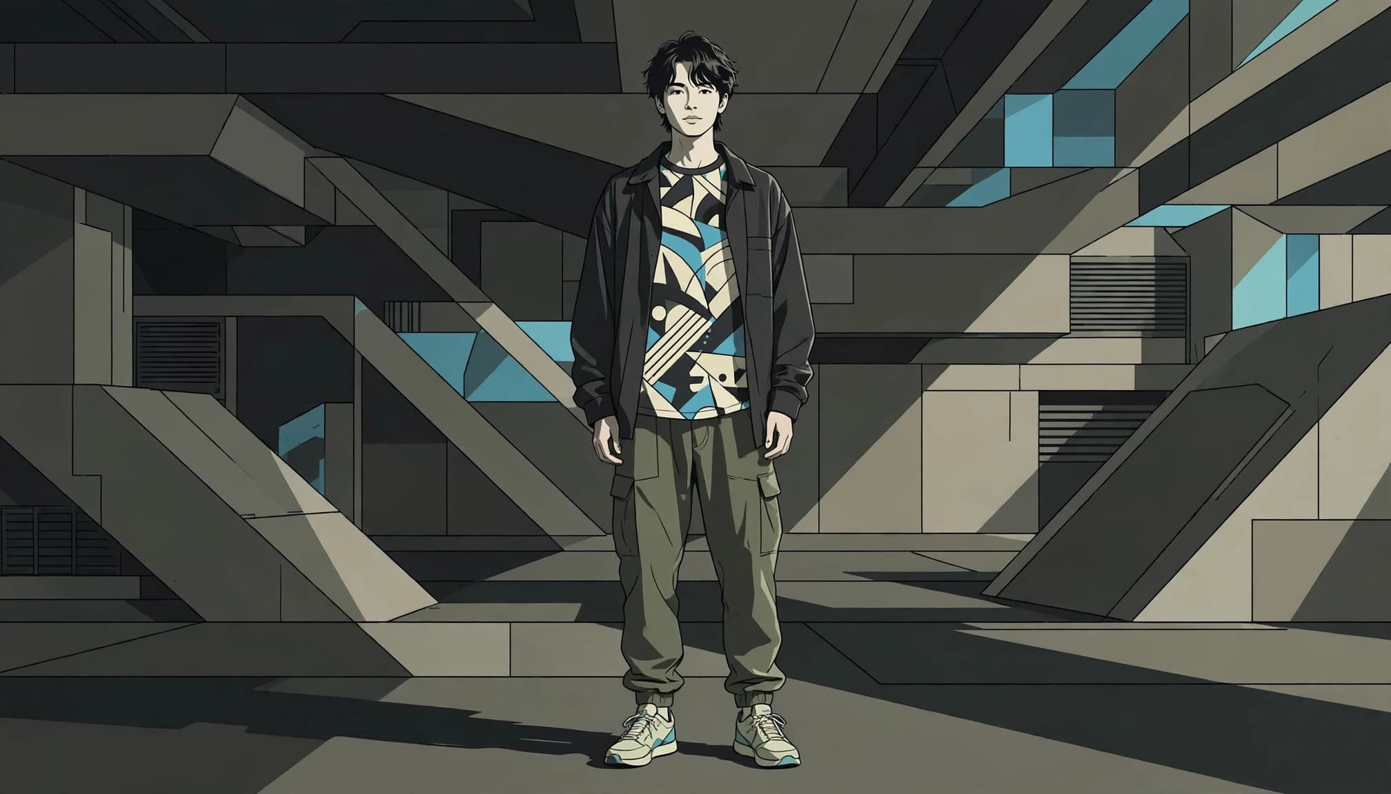 A person in a graphic tee, open overshirt, olive cargos, and sneakers beneath angular concrete forms.