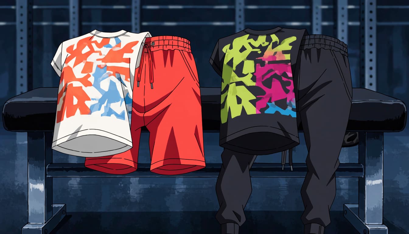 Two anime-style workout sets sit on a gym bench with a squat rack behind them.