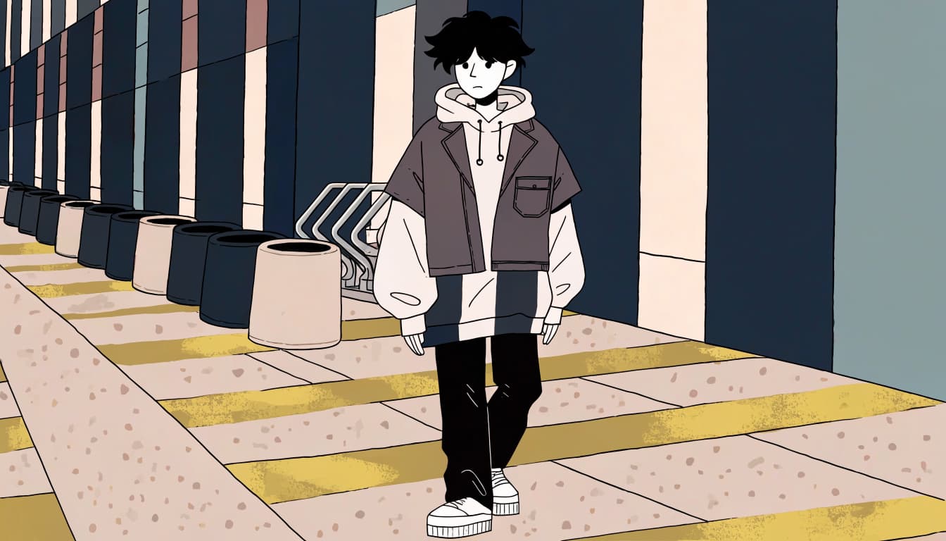 A person in a hoodie and utility jacket stands on a quiet city walkway.