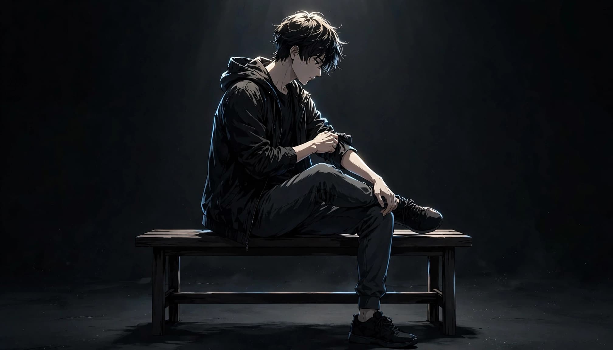 Anime man seated sideways on a bench, crossing one leg while adjusting his sleeve.