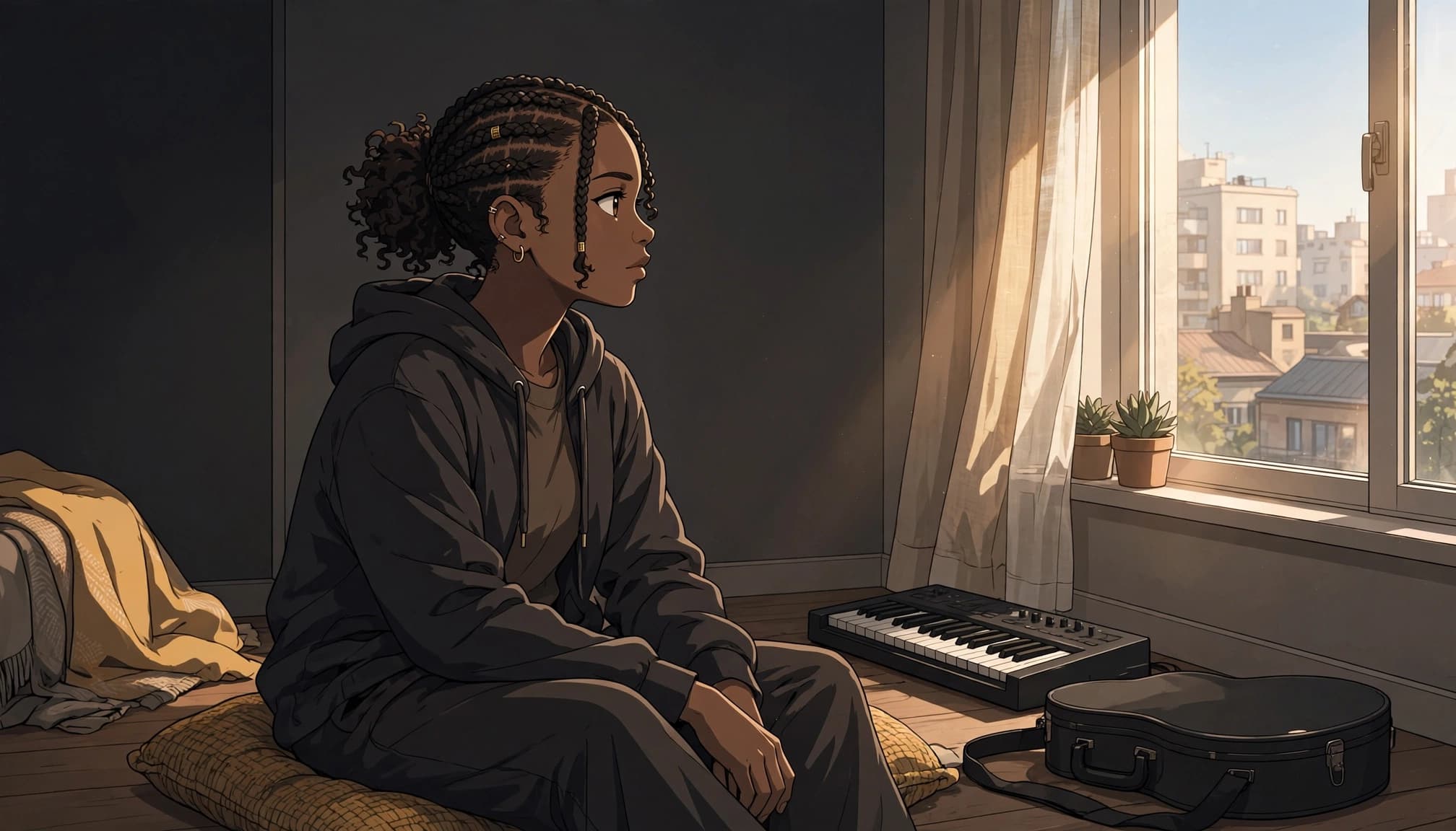A young woman sits beside a guitar case and keyboard, looking toward a sunny window.