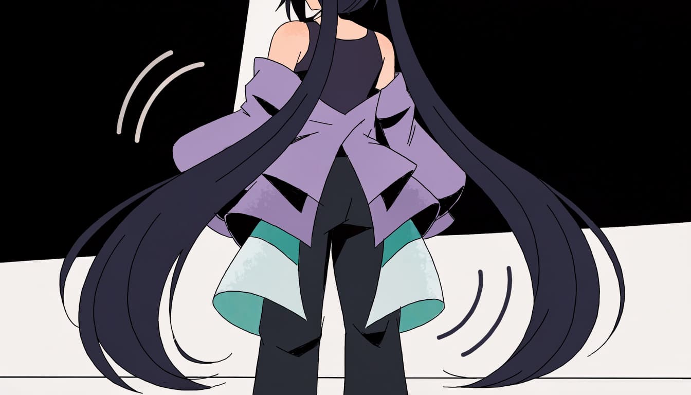 A full-body anime character in a layered jacket and skirt, viewed from behind.