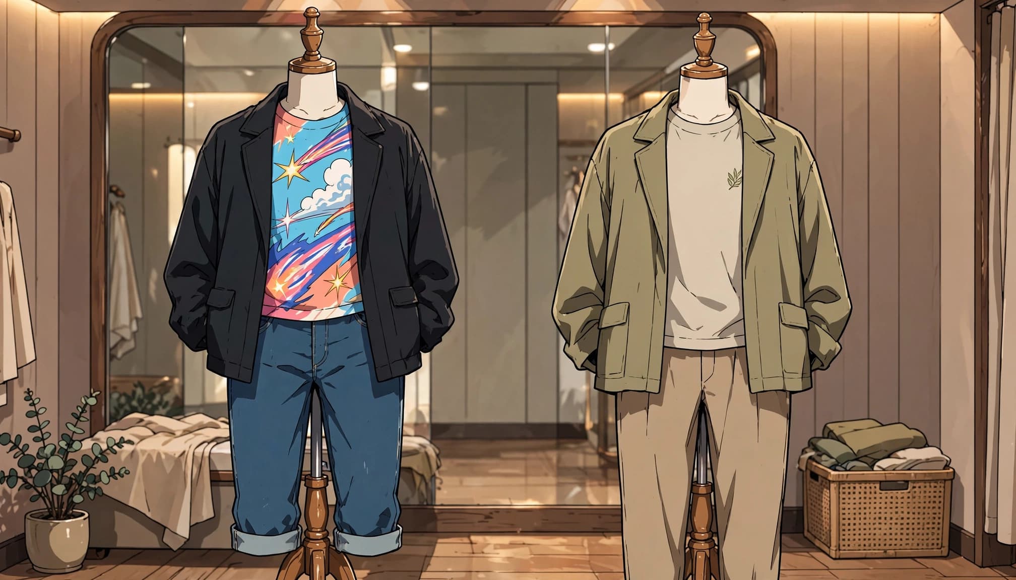 Two mannequins display bold and muted anime-inspired casual outfits in a fitting room.