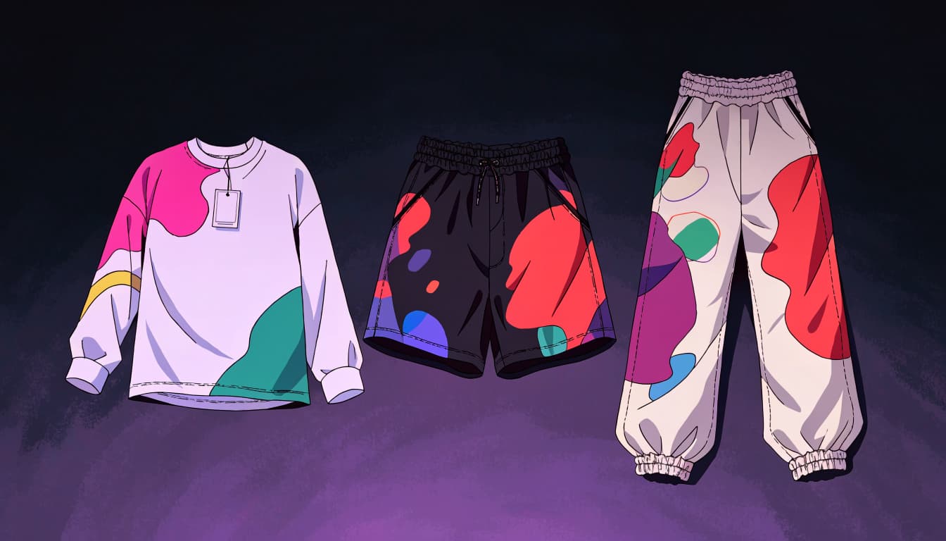 An anime-style shirt, gym shorts, and joggers arranged on a dark surface.