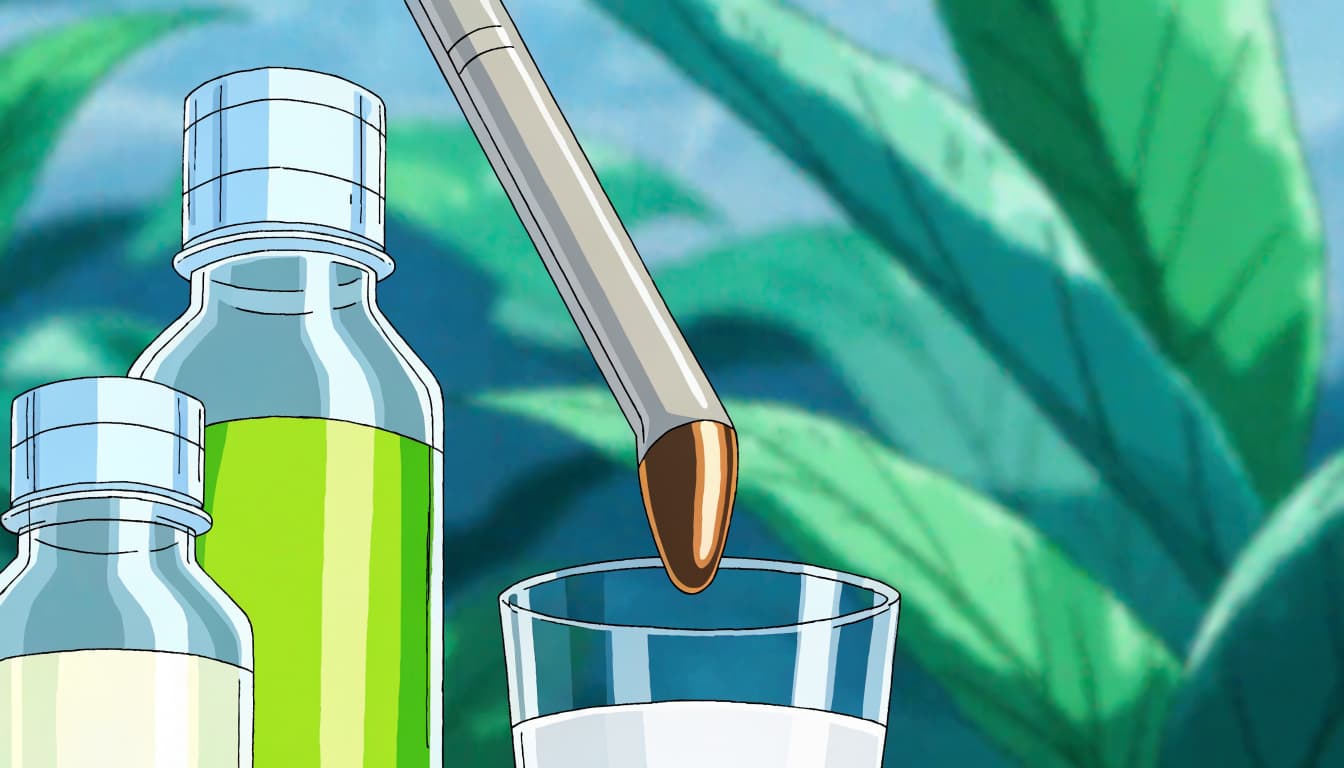 A glass pH probe held above a sample cup beside calibration bottles.
