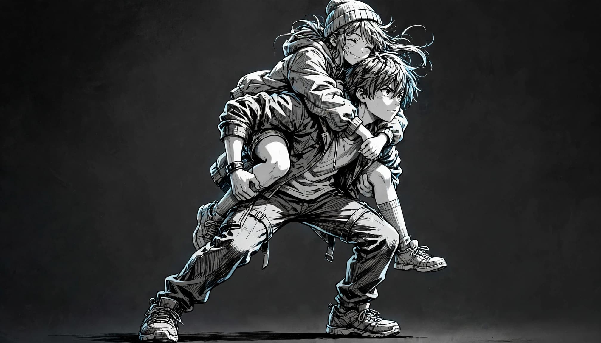 Two anime figures in a piggyback pose, with one supporting the other on a dark background.