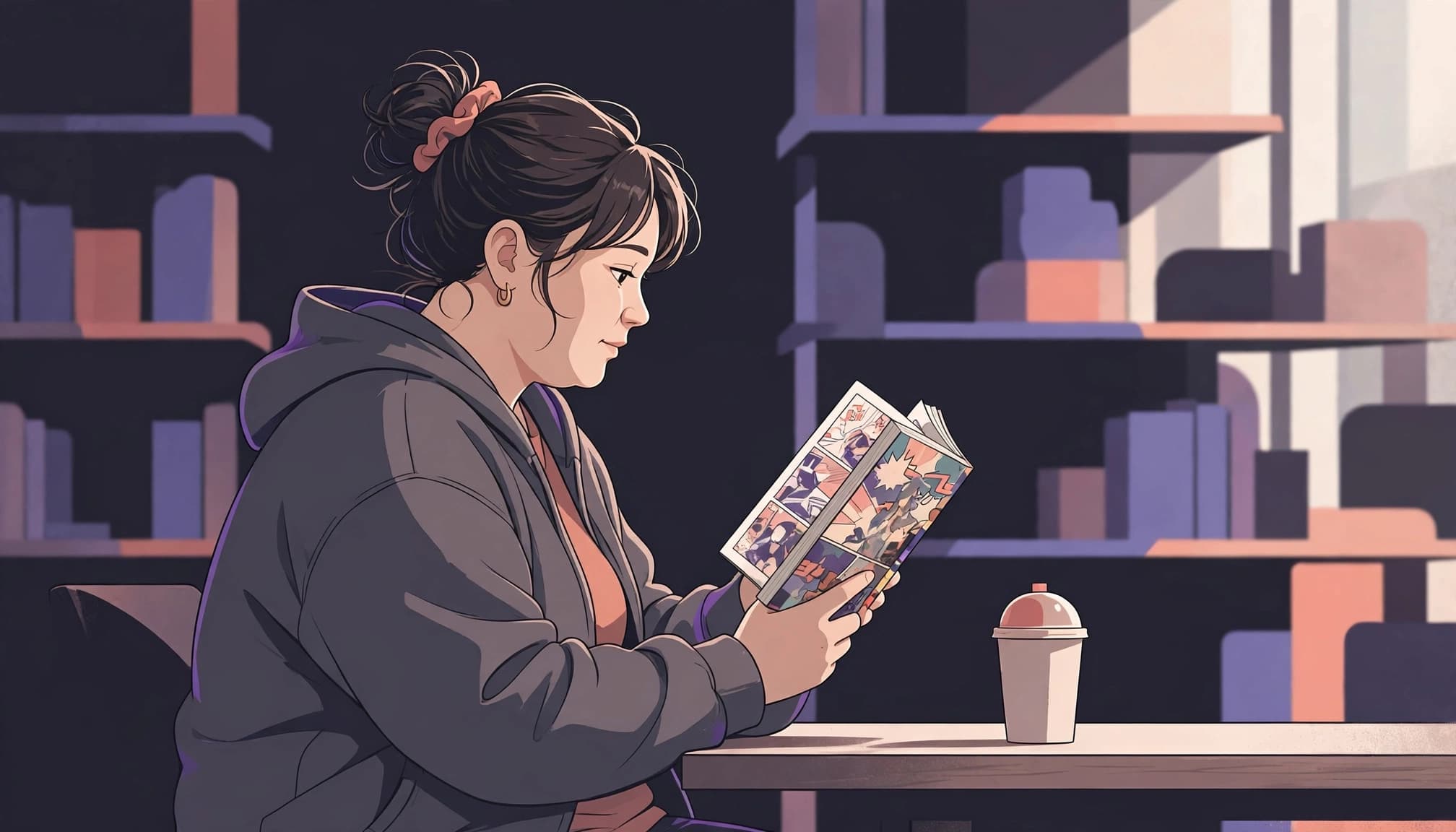 A woman reads a colorful manga at a library table beside a closed cup.