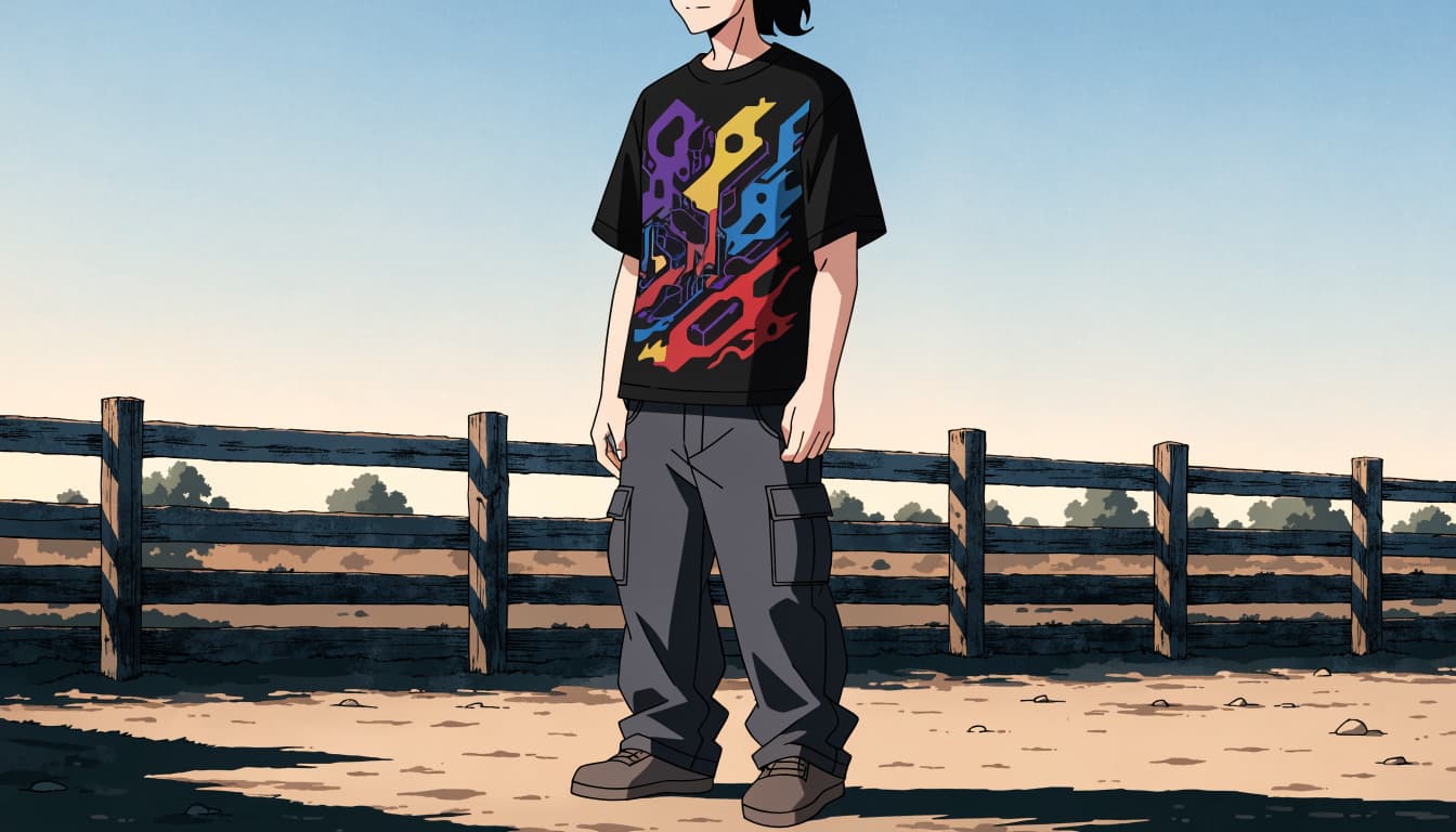 A spectator in a graphic tee stands by a rodeo arena fence.