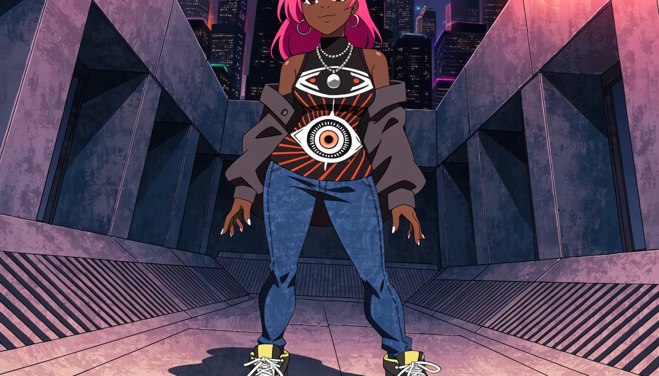 An anime-style woman with pink hair wearing a graphic tee stands on an urban rooftop.