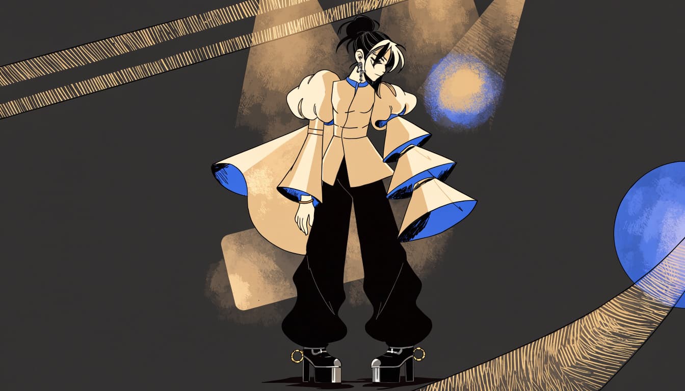An anime performer in a layered dark outfit poses beneath colorful stage lights.