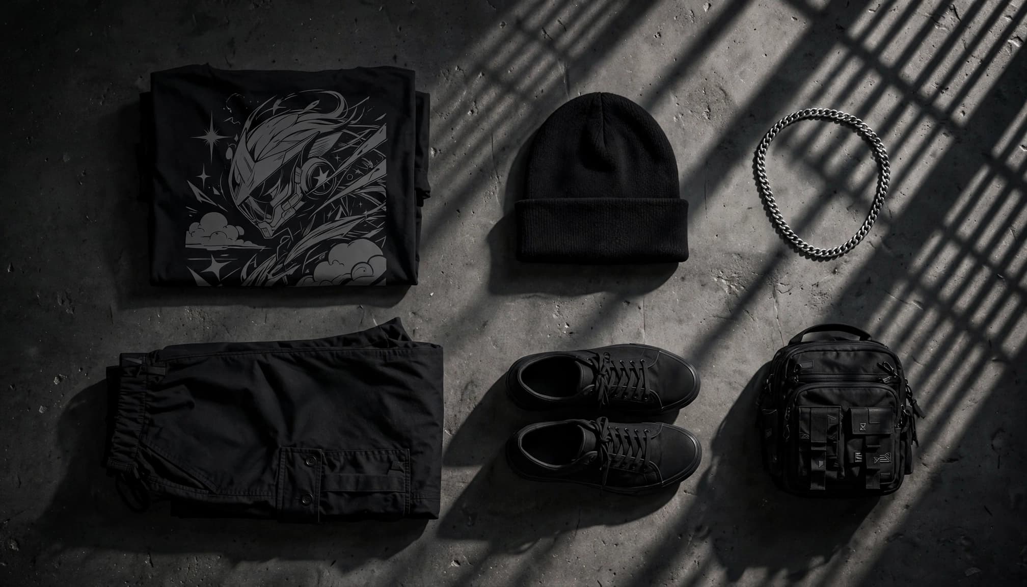 Streetwear outfit with a graphic tee, cargo trousers, sneakers, and accessories on concrete.