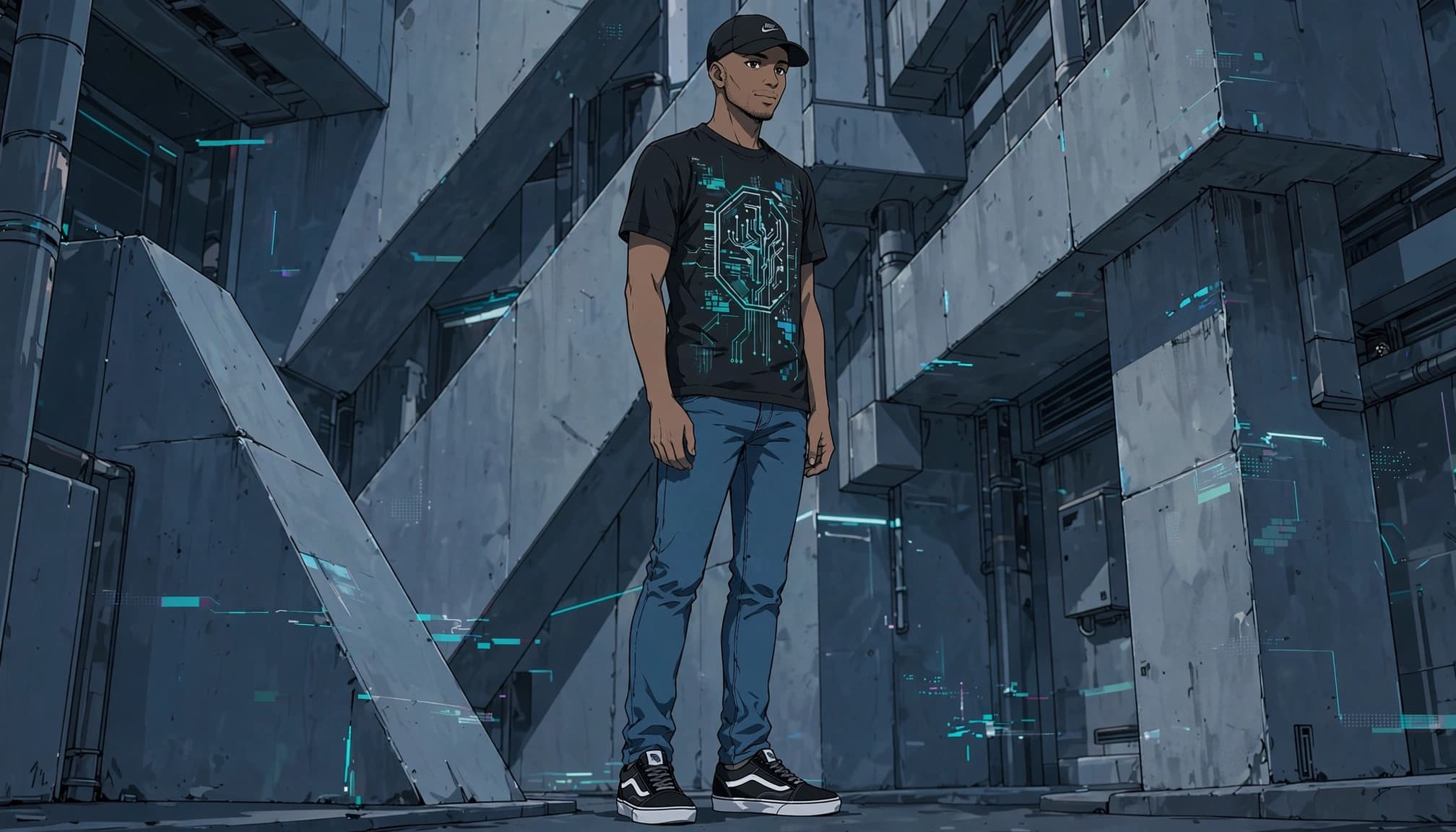 An anime-style illustration of a man standing in a concrete alley wearing a graphic t-shirt and jeans.