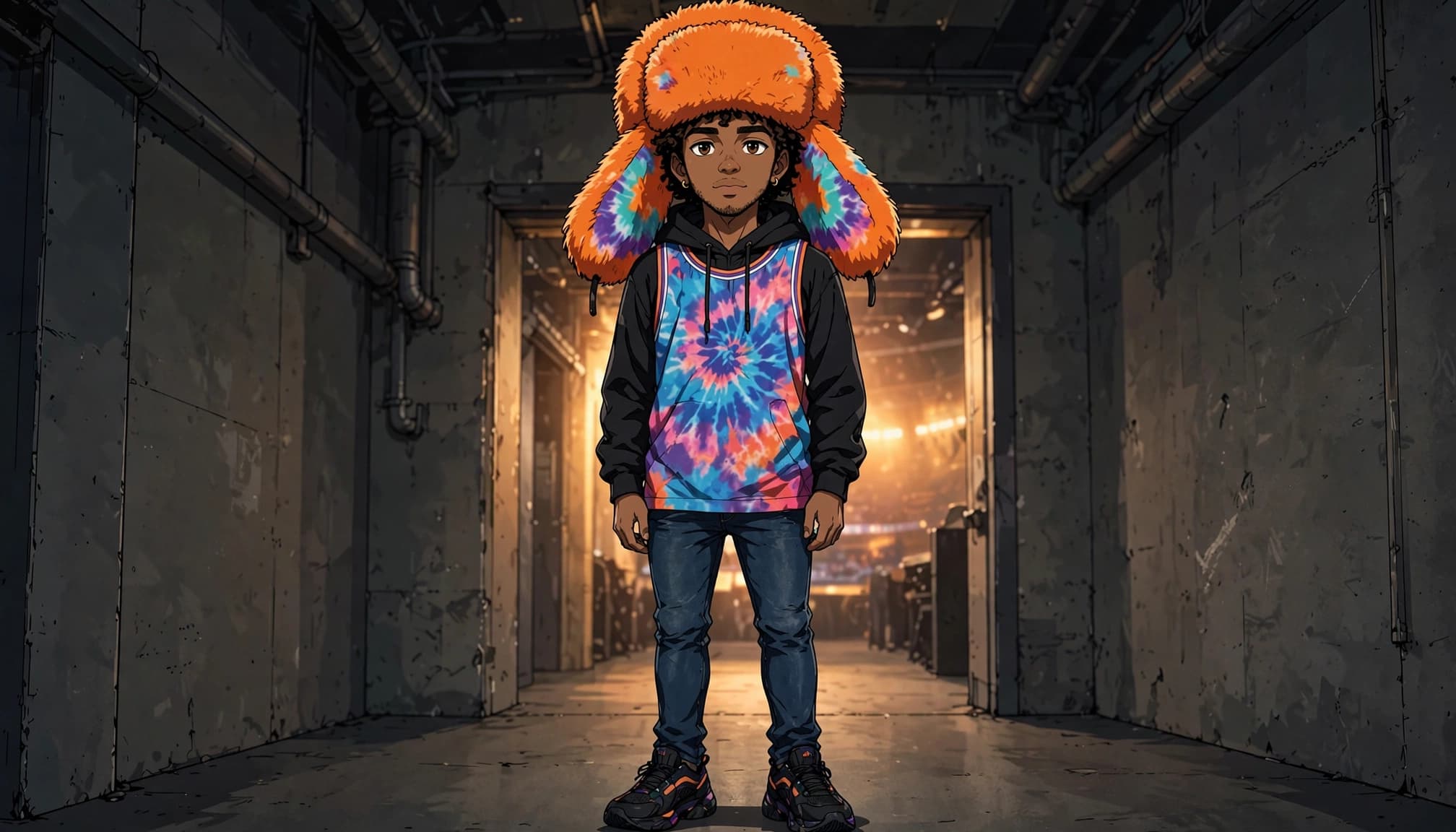 An anime-style illustration of a young man wearing an oversized orange fur ushanka and standing in a concrete hallway.