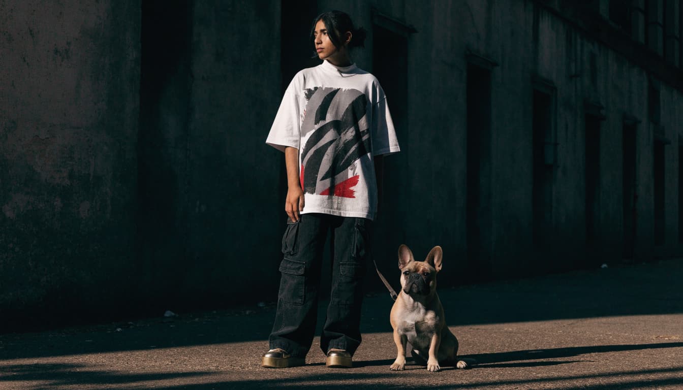 A young adult in a graphic tee stands beside a French Bulldog on a city sidewalk.